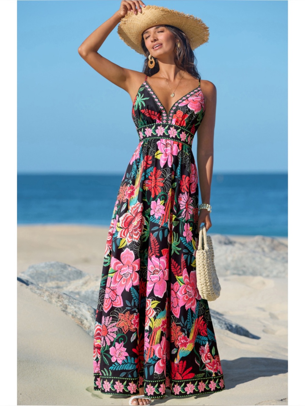 CUPSHE | NWT Vibrant Oasis Tropical Maxi Dress in Black Floral, Size Small